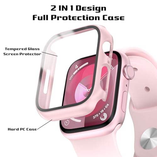 EWUONU 2 Pack Hard PC Case for Apple Watch Series 9 Series 8/7 41mm Screen Protector, EWUONU Tempered Glass Film Hard Bumper Anti-Scratch HD Ultra-Thin Protective Cover for iWatch Series 9/8/7 41mm, Pink - Image 2
