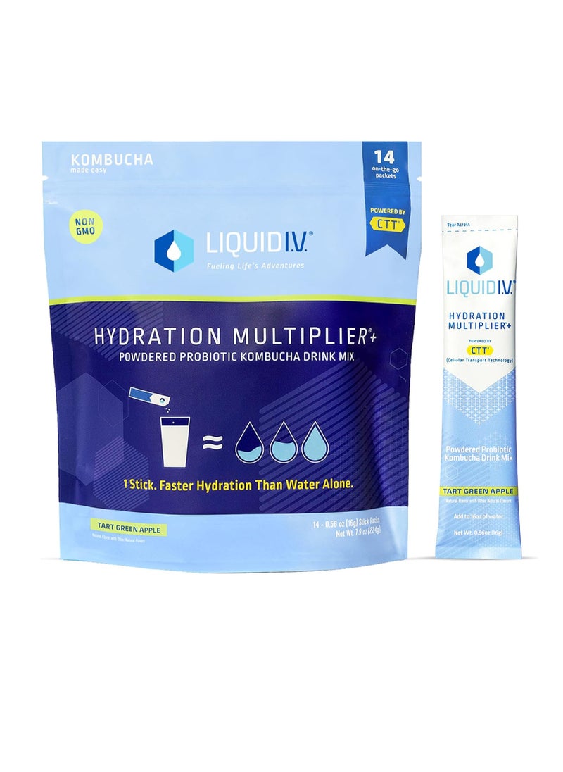 Liquid I.V. - Hydration Multiplier+ Powdered Probiotic Kombucha, Hydration Plus Probiotics, On-the-Go Digestive Support - Tart Green Apple - 14 Sticks - Image 1