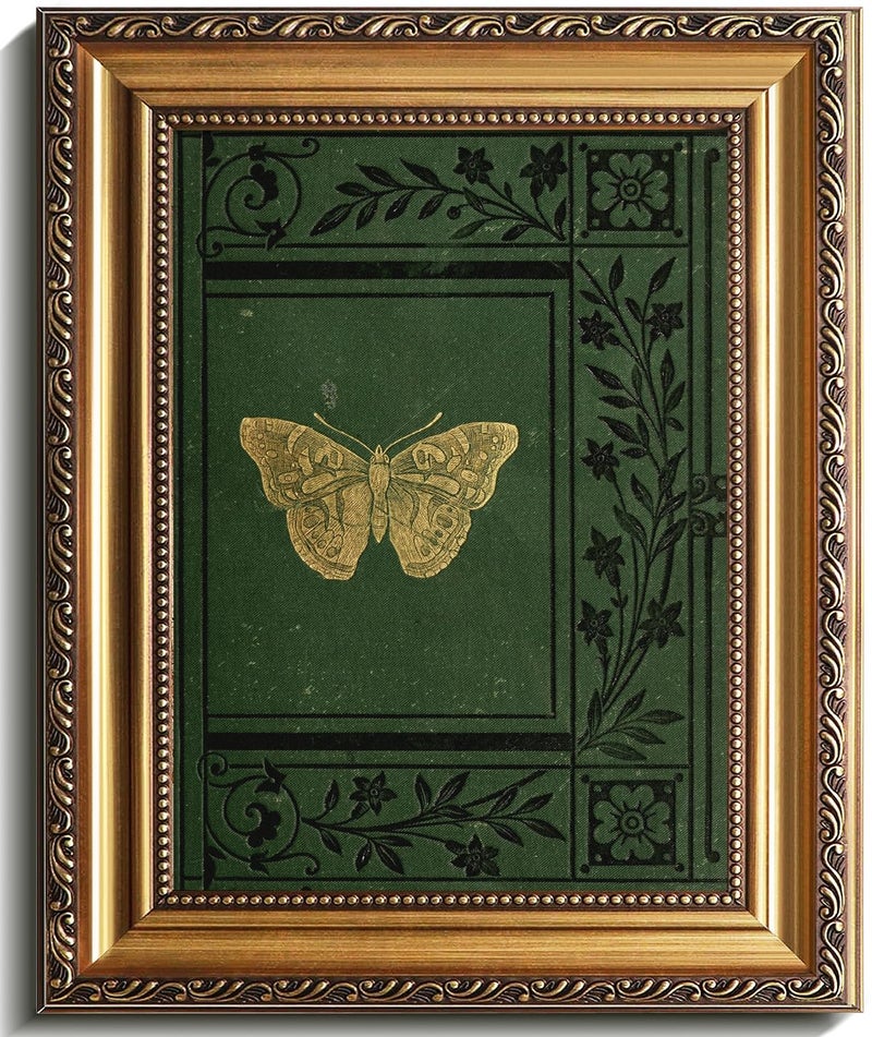 Uniro Vintage Gold Framed Wall Art Classical Butterfly Posters Wall Art Decor Emerald Green Old Bookcover Art Print Artwork with Antique Frame Sage Green Wall Decor Pictures for Bedroom Gallery Shelf Bathroom Wall Decor Cottagecore Room Decor 9x12Inch - Image 2