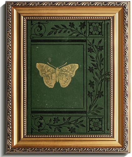 Uniro Vintage Gold Framed Wall Art Classical Butterfly Posters Wall Art Decor Emerald Green Old Bookcover Art Print Artwork with Antique Frame Sage Green Wall Decor Pictures for Bedroom Gallery Shelf Bathroom Wall Decor Cottagecore Room Decor 9x12Inch - Image 1