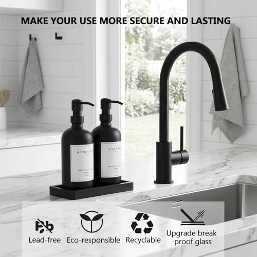 eggs sound Black Thick Glass Soap Dispenser Farmhouse Kitchen Dish Hand Soap Dispenser Set 304 Rustproof Pump Lotion Dispenser Bathroom with Tray 14 Waterproof Stickers for Kitchen Decor Sink - Image 3
