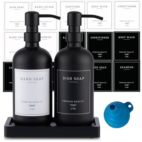 eggs sound Black Thick Glass Soap Dispenser Farmhouse Kitchen Dish Hand Soap Dispenser Set 304 Rustproof Pump Lotion Dispenser Bathroom with Tray 14 Waterproof Stickers for Kitchen Decor Sink - Image 1