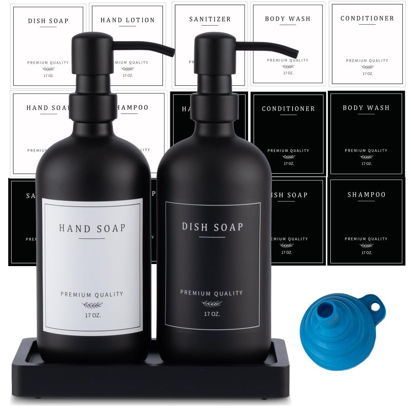 eggs sound Black Thick Glass Soap Dispenser Farmhouse Kitchen Dish Hand Soap Dispenser Set 304 Rustproof Pump Lotion Dispenser Bathroom with Tray 14 Waterproof Stickers for Kitchen Decor Sink - Image 2