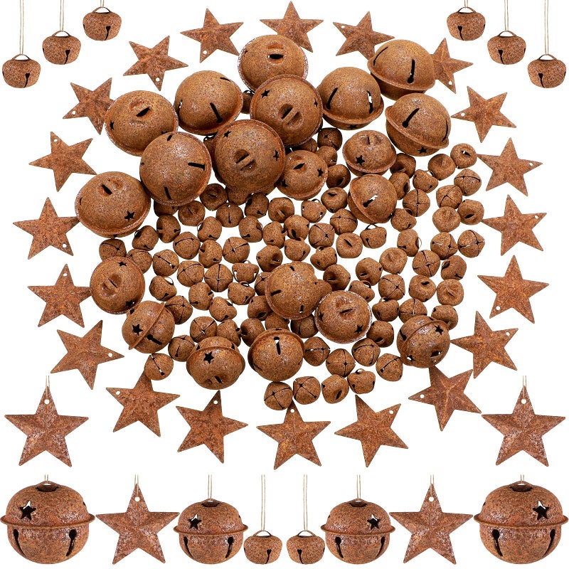 ديلوناف 140 قطعة مجموعة جرس عيد الميلاد تشمل 100 جرس صغير ريفي 20 نجوم جرس 20 Metal Star زخرفة عتيقة لعيد الميلاد ديكور ديني مركبة (صدئ) - Image 1