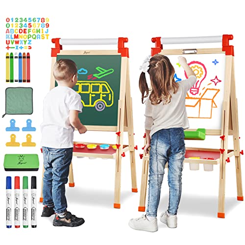 JOYOOSS Kids Wooden Easel with Paper Roll Adjustable Magnetic Double Sided Drawing Board Whiteboard Chalkboard Dry Easel BoardChildren Art Easel for 312 Years Kids Boys Girls Painting Drawing - Image 1