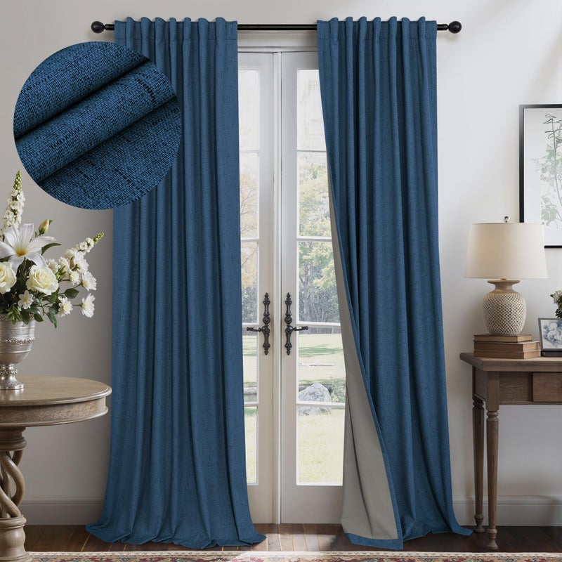Pitalk Navy Blue Blackout Curtains for Living Room 84 Inch Length 2 Panels Set Back Tab Pocket Faux Linen Window Drapes Thermal Insulated Room Darkening Curtain for Bedroom Boys 52 x 84 Long Dark Blue - Image 1