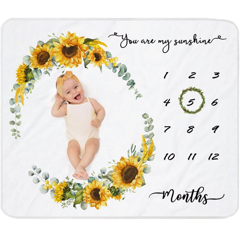 fundich Baby Milestone Blanket for Baby GirlNewborn Monthly Milestone Picture BlanketSunflower Nursery DecorBaby Girl Photo Background Prop Blanket 45x40 with Wreath and Headband