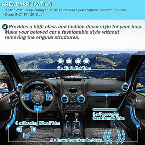 Opall 18PCS Full Set Interior Decoration Trim Kit Steering Wheel & Center Console Air Outlet Trim, Door Handle Cover Inner For Jeep Wrangler 2011-2018 2 Door & 4 Door (Light Bule) - Image 2
