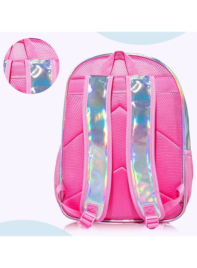 Eazy Kids مجموعة من 4 حقائب مدرسية بطول 18 بوصة، صندوق غداء لامع، حقيبة غداء، علبة أقلام - قوة الفتيات - وردي - Image 5
