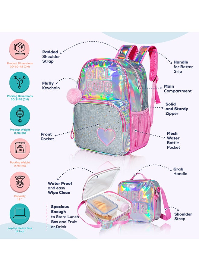 Eazy Kids مجموعة من 4 حقائب مدرسية بطول 18 بوصة، صندوق غداء لامع، حقيبة غداء، علبة أقلام - قوة الفتيات - وردي - Image 4