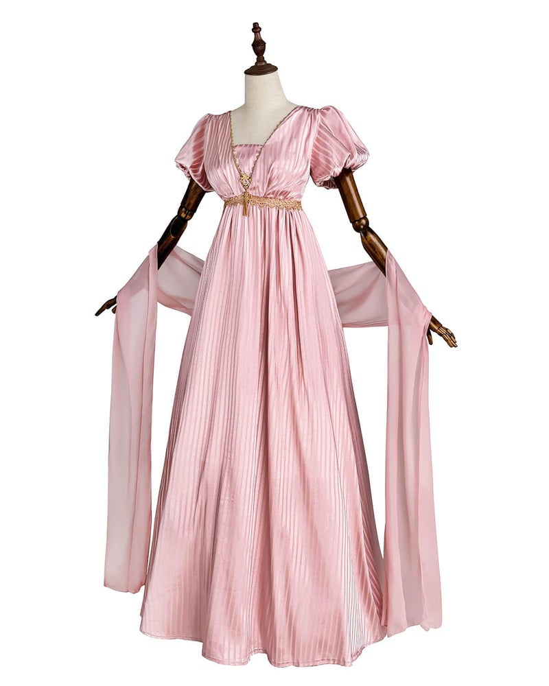 Nuoqi Regency Dresses for Women 1800s Victorian Dress Empire Waist Ball Gown with Gloves Pink, S - Image 2