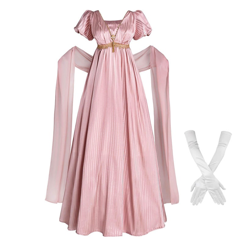 Nuoqi Regency Dresses for Women 1800s Victorian Dress Empire Waist Ball Gown with Gloves Pink, S - Image 1