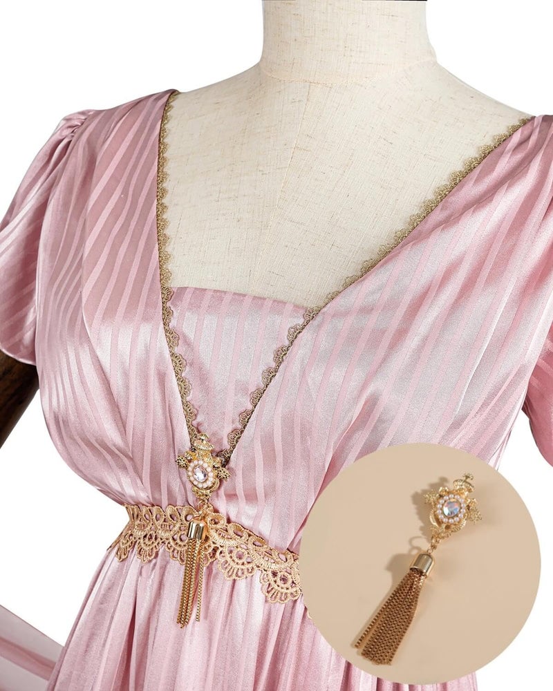 Nuoqi Regency Dresses for Women 1800s Victorian Dress Empire Waist Ball Gown with Gloves Pink, S - Image 4