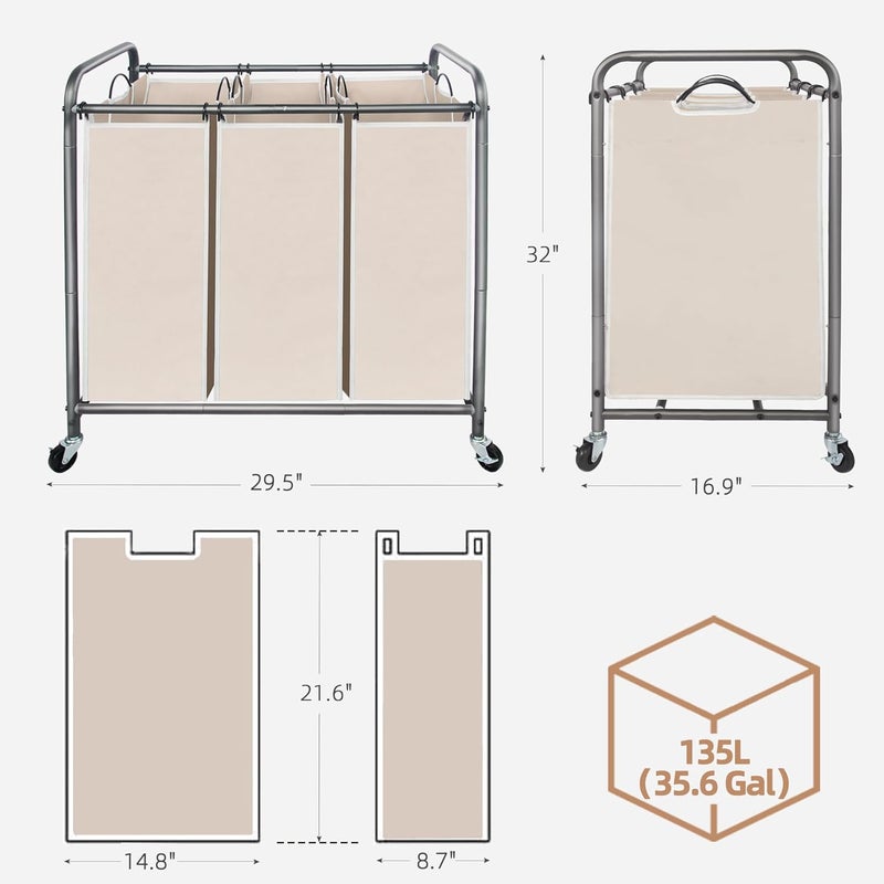 STORAGE MANIAC 3 Section Laundry Sorter, 3 Bag Laundry Hamper Cart with Heavy Duty Rolling Lockable Wheels and Removable Bags, Laundry Organizer Laundry Basket Laundry Clothes Separator Hamper, Beige - Image 3