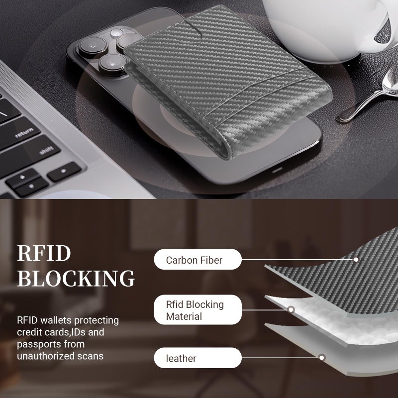 GNDR Wallet For Men RFID Blocking Leather Grey Wallets Bifold Carbon Fiber Front Pocket Card Holder Mens Accessories With Gift Box - Image 4