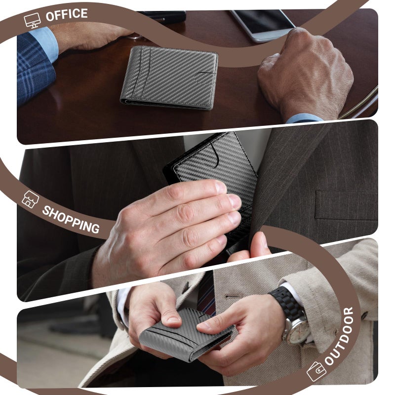 GNDR Wallet For Men RFID Blocking Leather Grey Wallets Bifold Carbon Fiber Front Pocket Card Holder Mens Accessories With Gift Box - Image 5