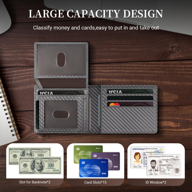 GNDR Wallet For Men RFID Blocking Leather Grey Wallets Bifold Carbon Fiber Front Pocket Card Holder Mens Accessories With Gift Box - Image 2