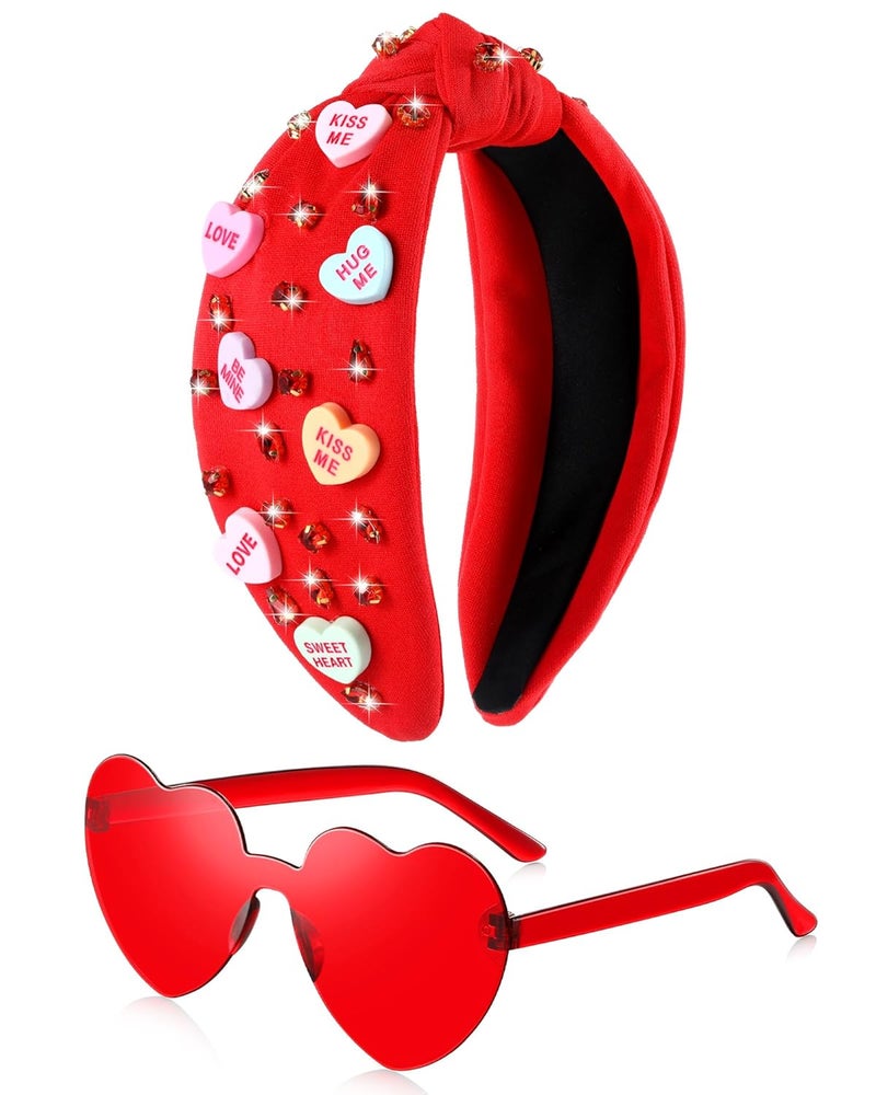 Hoteam 2 Pcs Valentines Day Headband and Glasses Crystal Rhinestone Knotted Headband Love Massage Heart Headband Hair Accessories Gifts for Women Valentine Party SuppliesRed