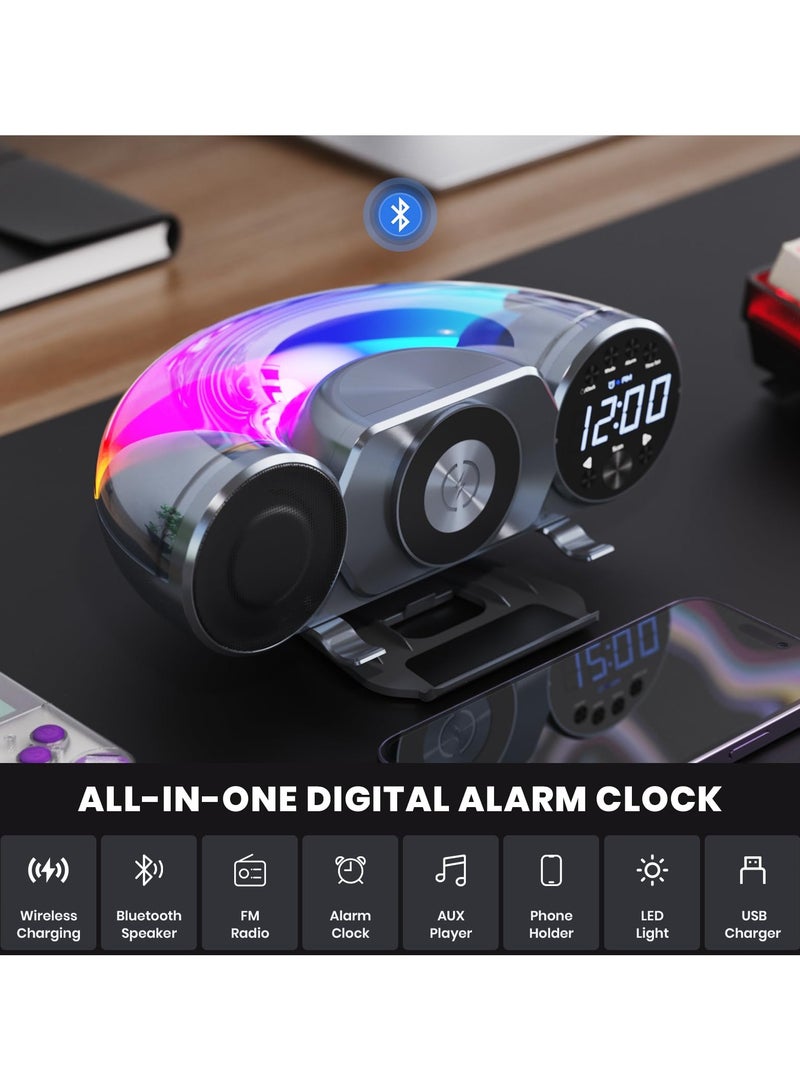 سيوسي ساعة منبه رقمية وراديو FM ومكبر صوت بلوتوث - محطة شحن لاسلكية سريعة 10 وات ومنفذ USB وفتحة بطاقة TF - ضوضاء بيضاء مهدئة، التحكم في مستوى الصوت، إضاءة محيطة كاملة السطوع - Image 2