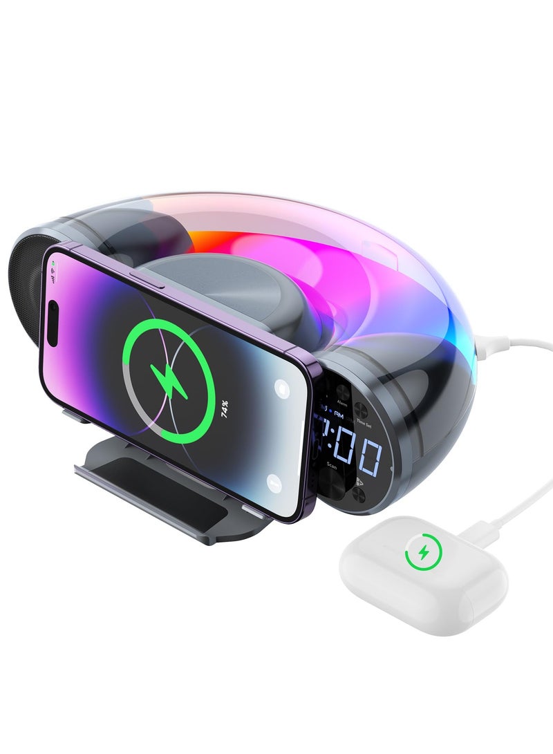 سيوسي ساعة منبه رقمية وراديو FM ومكبر صوت بلوتوث - محطة شحن لاسلكية سريعة 10 وات ومنفذ USB وفتحة بطاقة TF - ضوضاء بيضاء مهدئة، التحكم في مستوى الصوت، إضاءة محيطة كاملة السطوع - Image 1