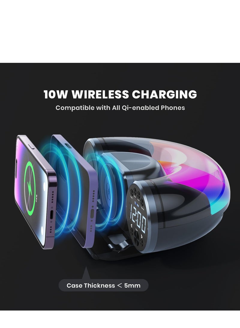 سيوسي ساعة منبه رقمية وراديو FM ومكبر صوت بلوتوث - محطة شحن لاسلكية سريعة 10 وات ومنفذ USB وفتحة بطاقة TF - ضوضاء بيضاء مهدئة، التحكم في مستوى الصوت، إضاءة محيطة كاملة السطوع - Image 4