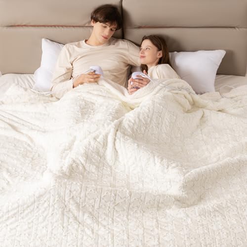 Bearhug Electric Blanket King Size 100" x 90", Dual Controller Heated Blanket, White Flower Patterns Faux Fur & Warm Sherpa, 10-Heat Levels & 1-12H Auto Off,ETL, Machine Washable - Image 1