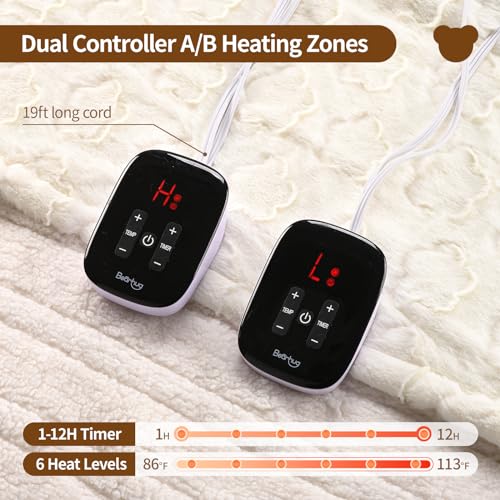 Bearhug Electric Blanket King Size 100" x 90", Dual Controller Heated Blanket, White Flower Patterns Faux Fur & Warm Sherpa, 10-Heat Levels & 1-12H Auto Off,ETL, Machine Washable - Image 3