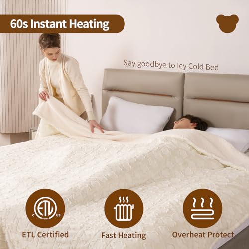 Bearhug Electric Blanket King Size 100" x 90", Dual Controller Heated Blanket, White Flower Patterns Faux Fur & Warm Sherpa, 10-Heat Levels & 1-12H Auto Off,ETL, Machine Washable - Image 4