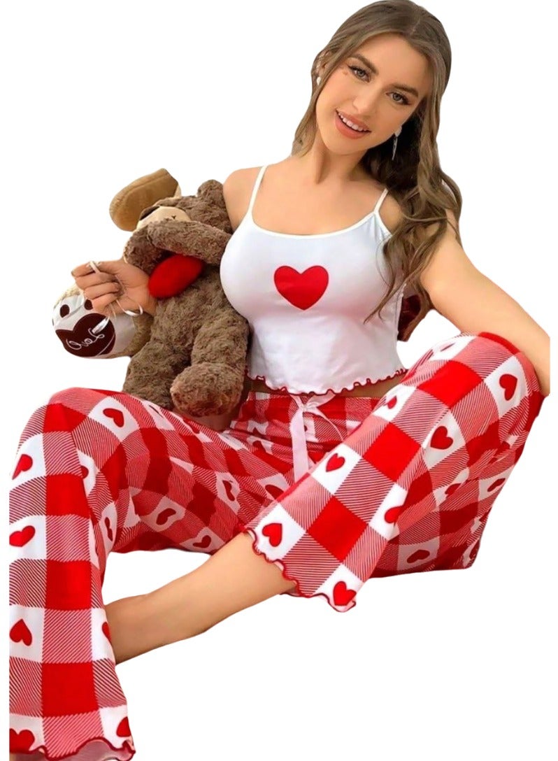 Women’s 2 Piece Cotton Pajama Set Soft Breathable Sleepwear Cami Top with Heart Print Plaid Lounge Pants Comfortable Nightwear Homewear Lightweight Relaxed Fit Cozy Pajama Set for Women Up to 75 KG - Image 5