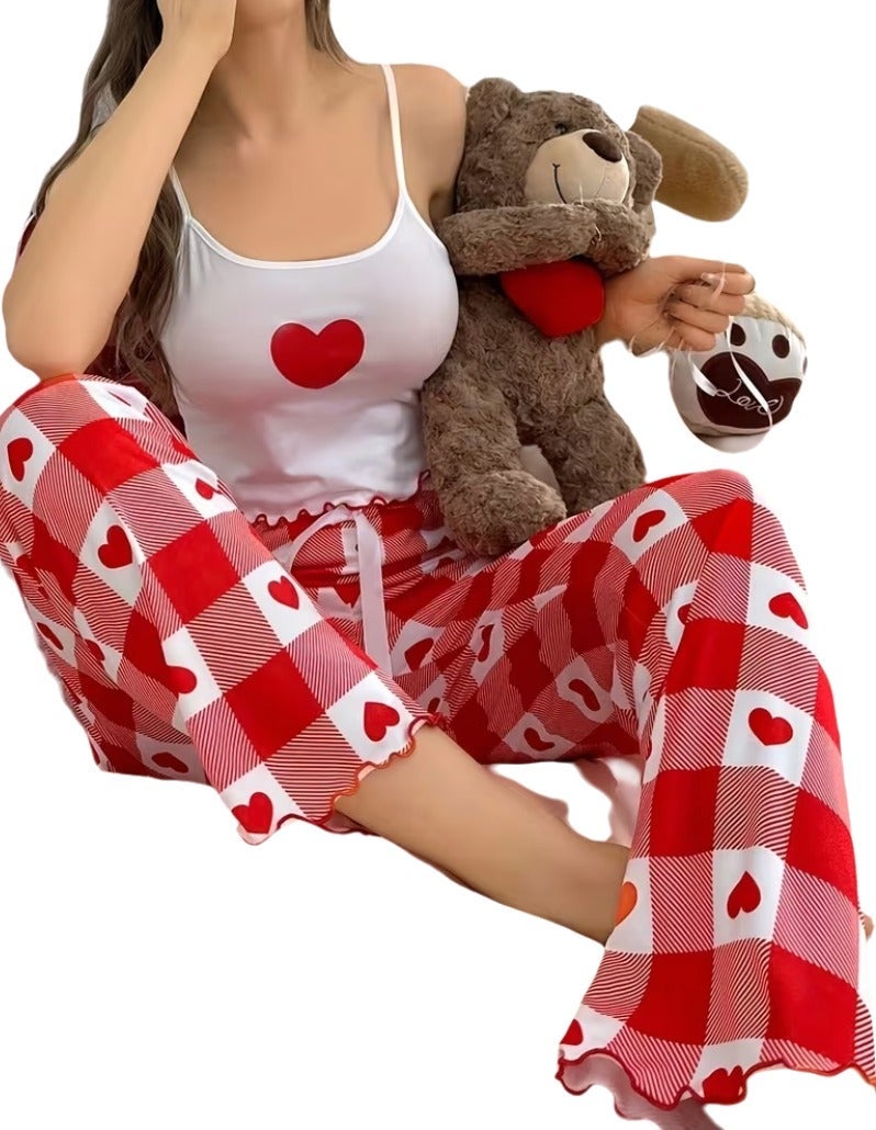 Women’s 2 Piece Cotton Pajama Set Soft Breathable Sleepwear Cami Top with Heart Print Plaid Lounge Pants Comfortable Nightwear Homewear Lightweight Relaxed Fit Cozy Pajama Set for Women Up to 75 KG - Image 3