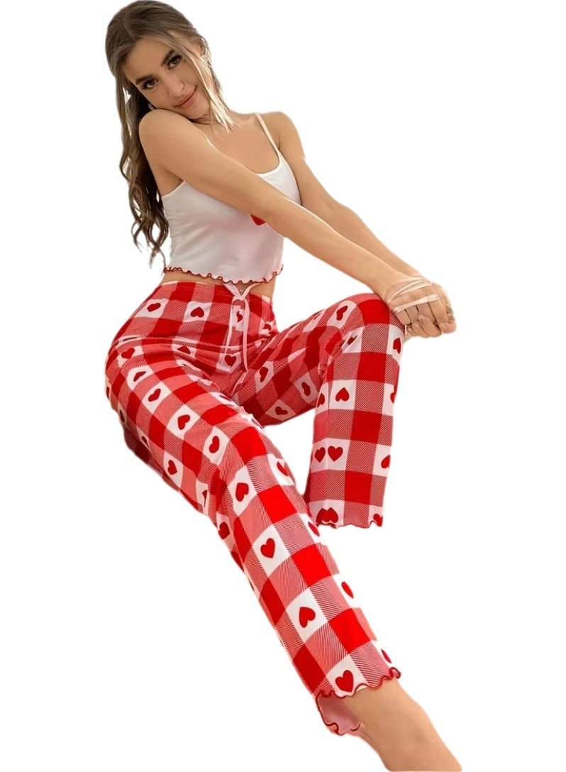 Women’s 2 Piece Cotton Pajama Set Soft Breathable Sleepwear Cami Top with Heart Print Plaid Lounge Pants Comfortable Nightwear Homewear Lightweight Relaxed Fit Cozy Pajama Set for Women Up to 75 KG - Image 4