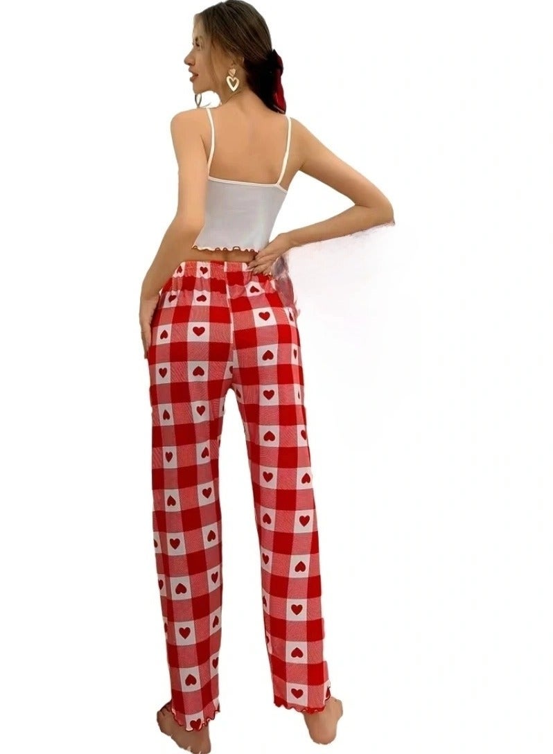 Women’s 2 Piece Cotton Pajama Set Soft Breathable Sleepwear Cami Top with Heart Print Plaid Lounge Pants Comfortable Nightwear Homewear Lightweight Relaxed Fit Cozy Pajama Set for Women Up to 75 KG - Image 2