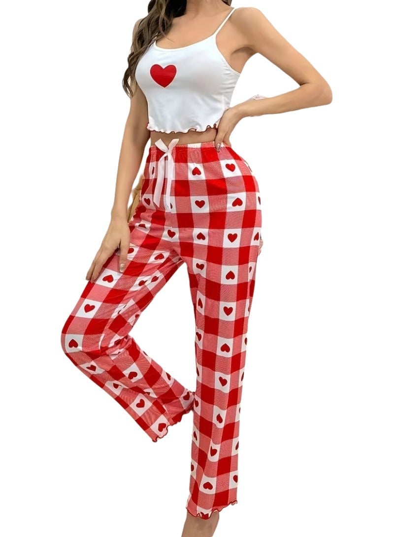 Women’s 2 Piece Cotton Pajama Set Soft Breathable Sleepwear Cami Top with Heart Print Plaid Lounge Pants Comfortable Nightwear Homewear Lightweight Relaxed Fit Cozy Pajama Set for Women Up to 75 KG - Image 1