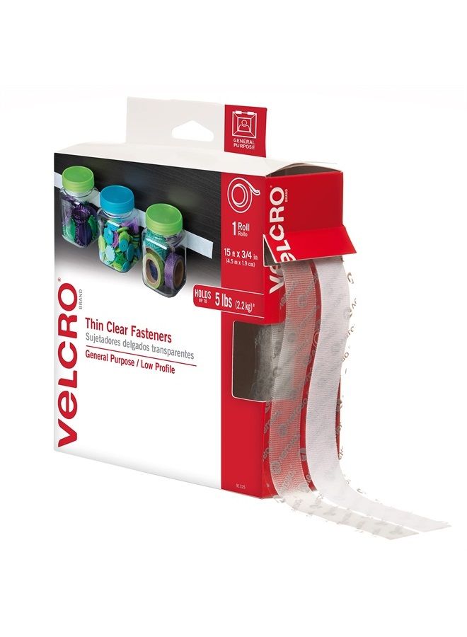 VELCRO Brand Thin Clear Tape | 15 Ft x ¾” | Cut Strips to Length | Home Office or Crafts Fastening Solution | Large Roll, 91325  - Image 1
