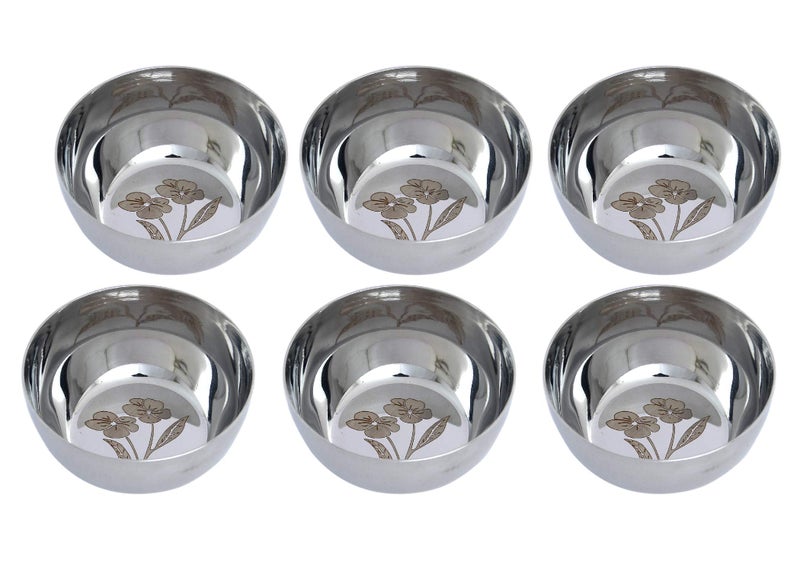 Dharam Paul Traders Stainless Steel Heavy Weight Laser Printed Flower Design Katori Bowls, Vati, Soup Bowls (Silver) -Set of 6 - Image 5