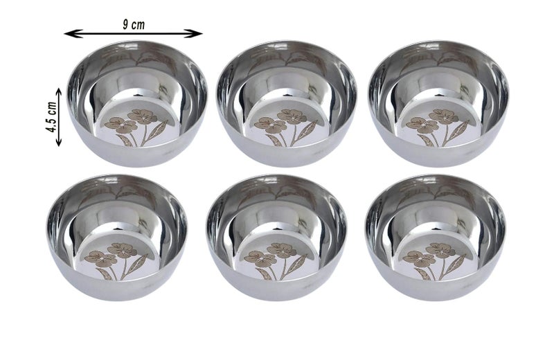 Dharam Paul Traders Stainless Steel Heavy Weight Laser Printed Flower Design Katori Bowls, Vati, Soup Bowls (Silver) -Set of 6 - Image 4