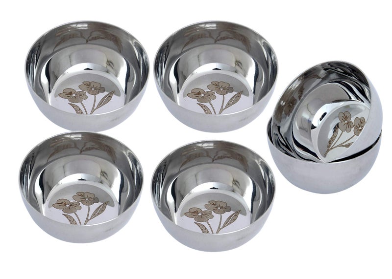 Dharam Paul Traders Stainless Steel Heavy Weight Laser Printed Flower Design Katori Bowls, Vati, Soup Bowls (Silver) -Set of 6 - Image 2