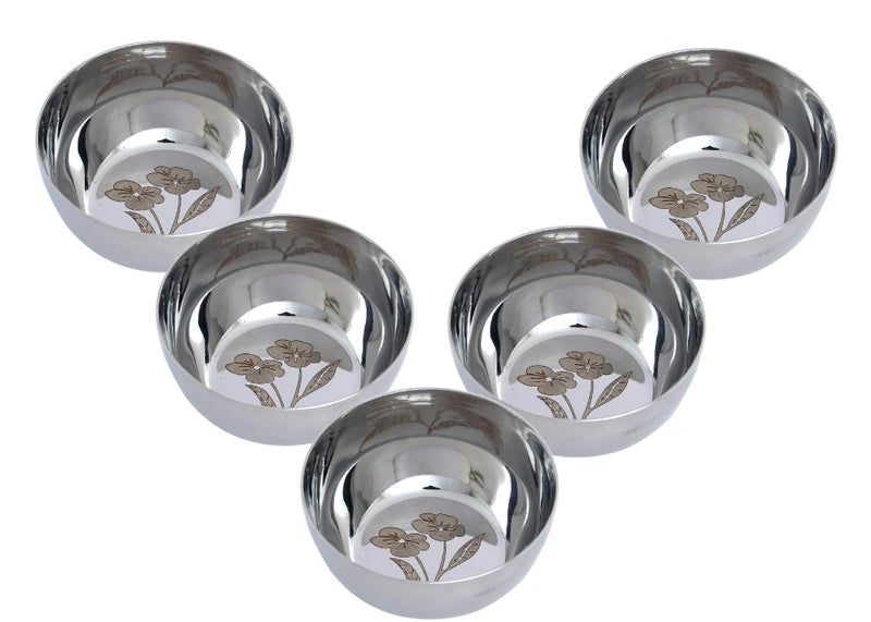 Dharam Paul Traders Stainless Steel Heavy Weight Laser Printed Flower Design Katori Bowls, Vati, Soup Bowls (Silver) -Set of 6 - Image 3