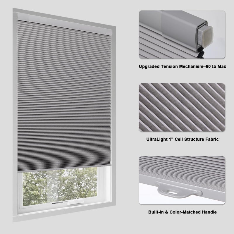Tonature No Drill Cellular Shades for Indoor Windows, Thermal Insulating & Noise Reducing Honeycomb Blinds, Free Stop Cordless Blackout Shades, Grey, 34 1/2" W x 64" H - Image 2
