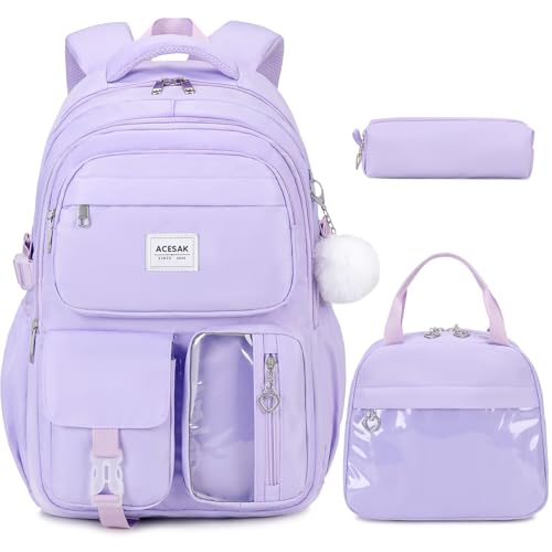 ACESAK Backpack for Girls Girls Backpack with Lunch Bag Pencil Pouch for Teen Kids Laptop Backpack for Women Elementary Middle High School Bookbag Travel Daypack Purple - Image 1