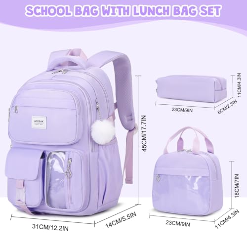 ACESAK Backpack for Girls Girls Backpack with Lunch Bag Pencil Pouch for Teen Kids Laptop Backpack for Women Elementary Middle High School Bookbag Travel Daypack Purple - Image 3