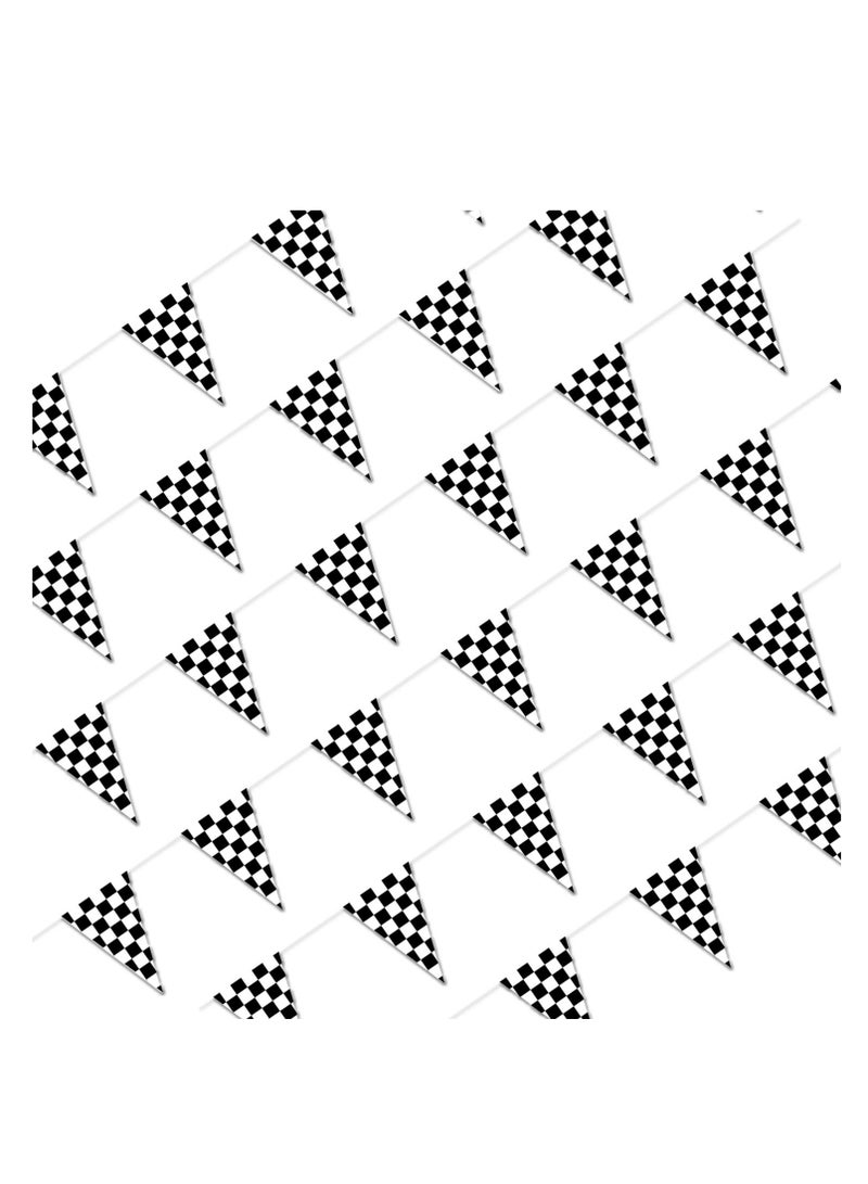 Excefore 30M Black and White Banner with 48 Pcs Triangle Flags, PE Material Banners for Race Car Competitiony, Outdoor and Indoor Activity, Birthday Decorate, Wedding, Party Decoration  - Image 1