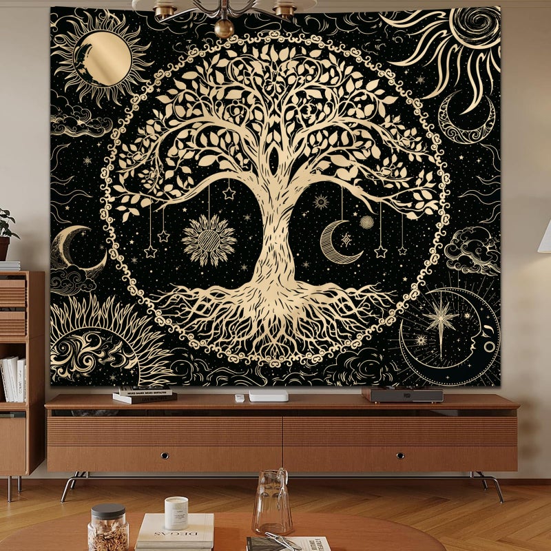 Avinyl Tree of Life Wall Tapestry for Bedroom, Sun and Moon Hippie Tapestries Aesthetic, Black and Gold Wall Hanging Home Decor for Dorm Living Room Office 51in x 60in - Image 2