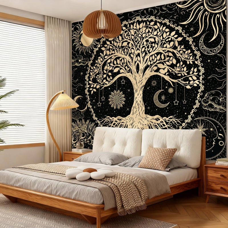 Avinyl Tree of Life Wall Tapestry for Bedroom, Sun and Moon Hippie Tapestries Aesthetic, Black and Gold Wall Hanging Home Decor for Dorm Living Room Office 51in x 60in - Image 4