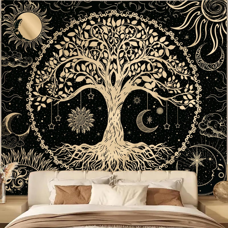 Avinyl Tree of Life Wall Tapestry for Bedroom, Sun and Moon Hippie Tapestries Aesthetic, Black and Gold Wall Hanging Home Decor for Dorm Living Room Office 51in x 60in - Image 1