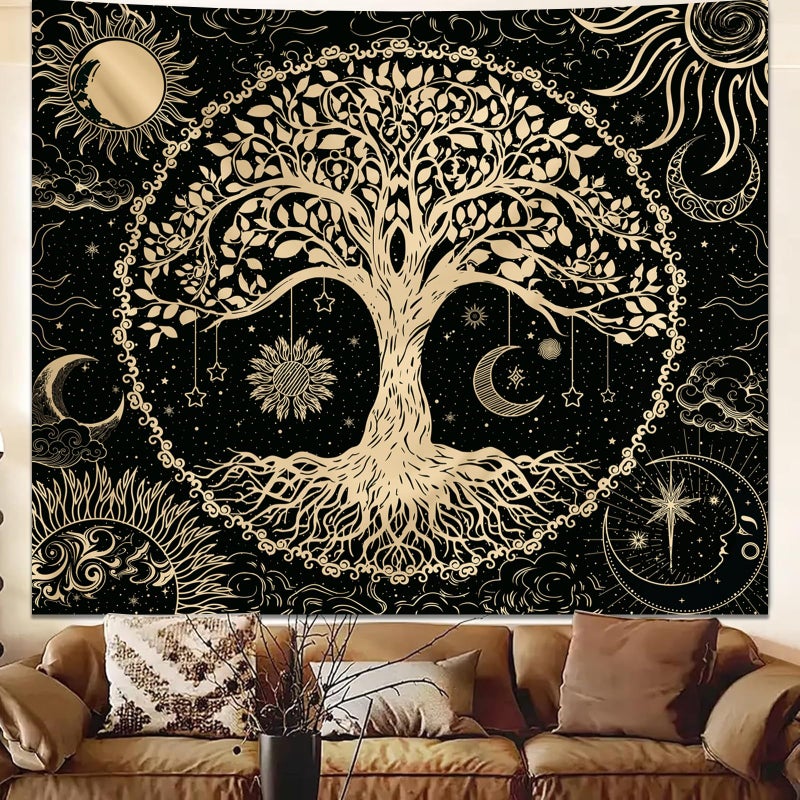 Avinyl Tree of Life Wall Tapestry for Bedroom, Sun and Moon Hippie Tapestries Aesthetic, Black and Gold Wall Hanging Home Decor for Dorm Living Room Office 51in x 60in - Image 3