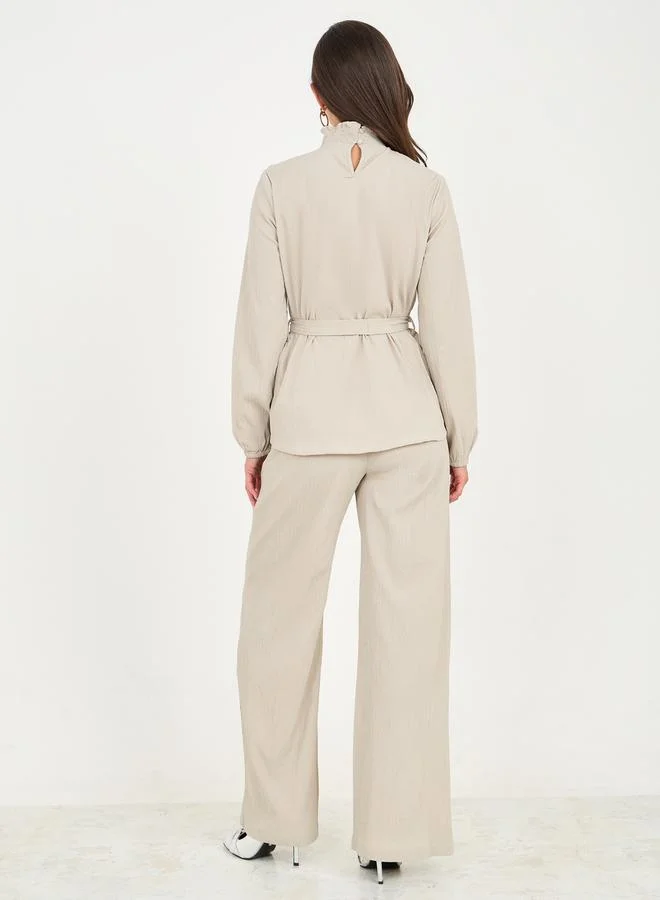 Styli Embellished High Neck Longline Top and Straight Leg Pant Co-Ords