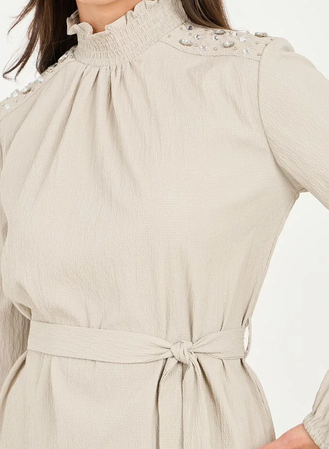 Styli Embellished High Neck Longline Top and Straight Leg Pant Co-Ords