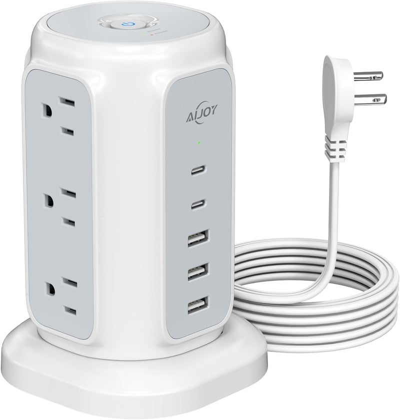 ايجوي - برج مقبس طاقة مع 9 منافذ، 5 منافذ USB (2 USB-C)، سلك تمديد فائق النحافة بطول 6.5 قدم و13 أمبير مع منافذ متعددة، واقي من زيادة التيار بقوة 1200 جول لـ - Image 1
