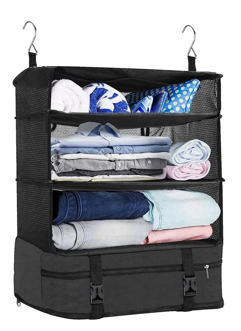 KASTWAVE - Portable Hanging Travel Shelves with Toiletry Bag Set Premium Durable Oxford Packing Cubes for Suitcases Hanging Carry on Closet Luggage Organizers for Travel (Black) - Image 1